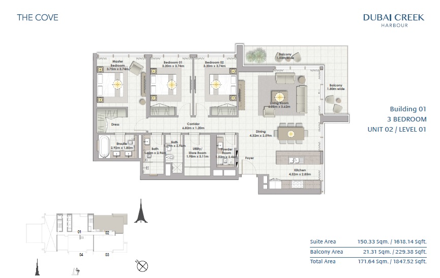 Emaar The Cove 3 Beds Layout