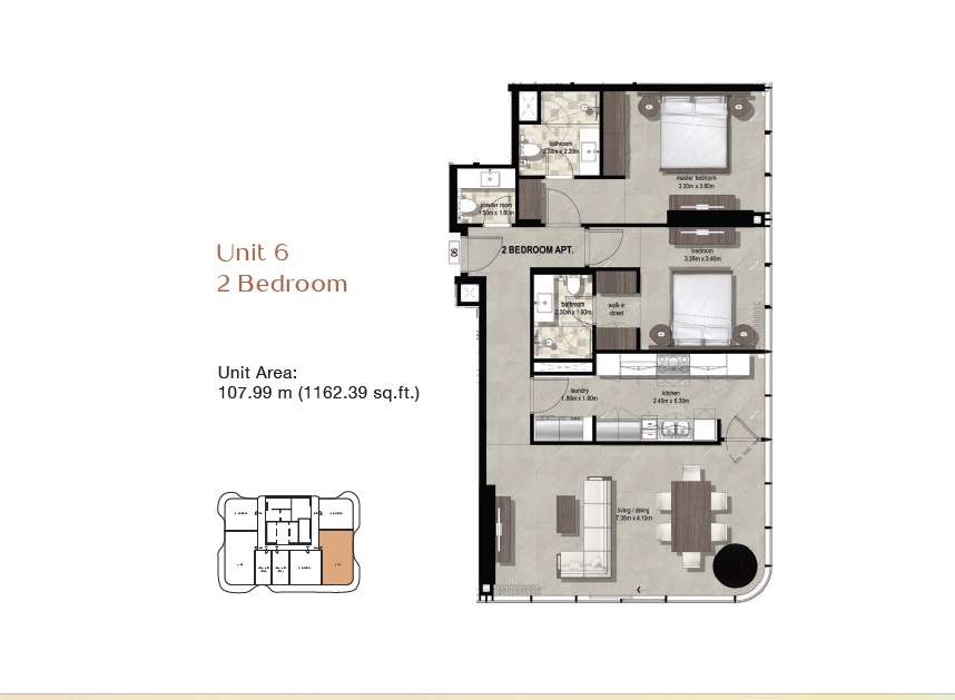 Emirates Azha Millennium Residences 2 Beds Layout