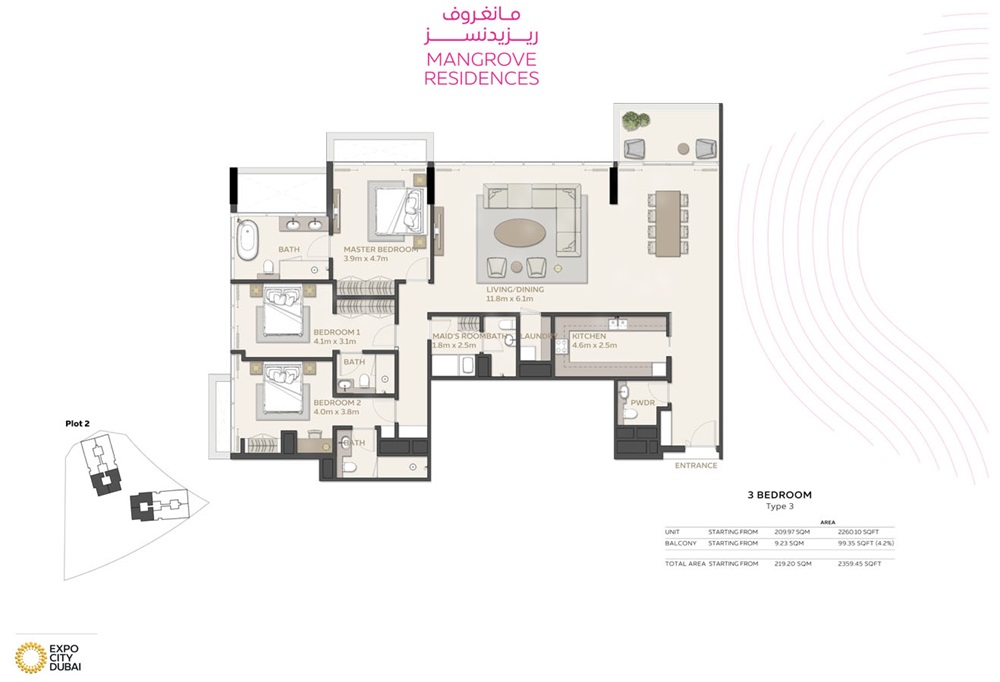 Expo Mangrove Residences 3 Beds Layout