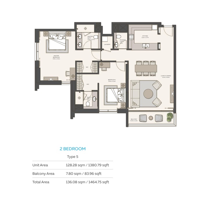 Expo Sky Residences 2 Beds Layout