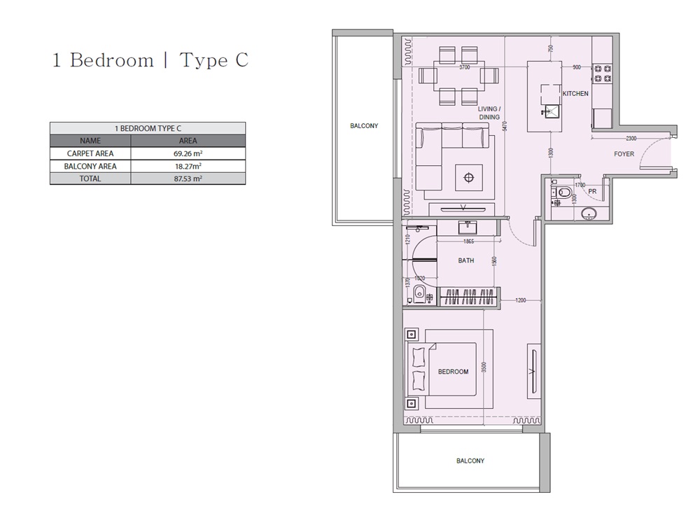 Grenorbit Trillium Heights 1 Bed Layout