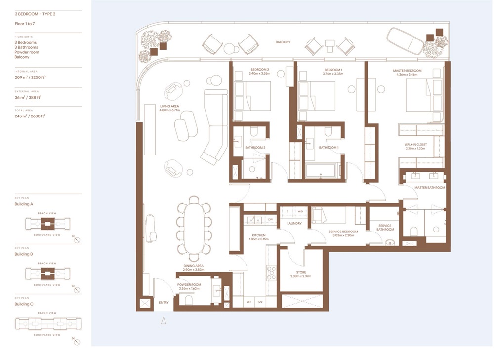 3 Beds 2638 Sq. Ft. Apartment in H And H Dubai Harbour Residences