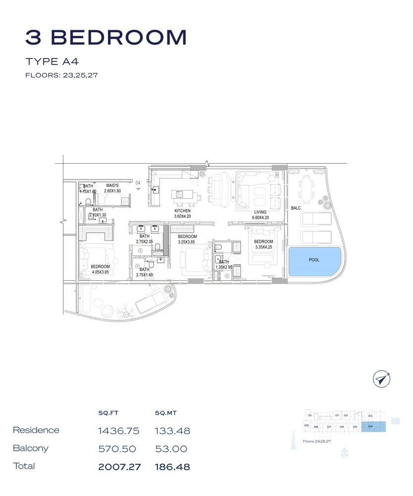 3 Beds 2007 Sq. Ft. Apartment in LMD The Pier Residence