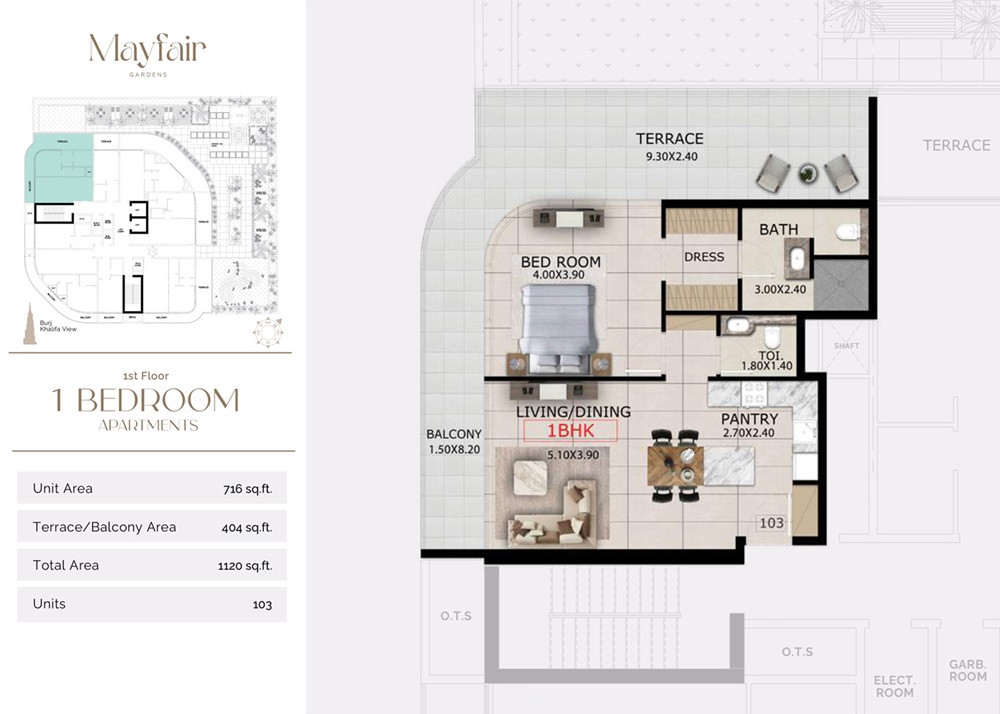 Majid Mayfair Gardens 1 Bed Layout