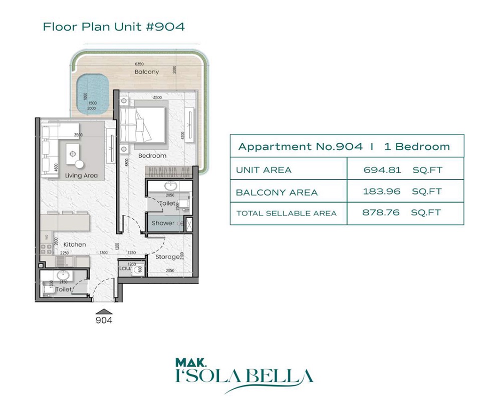 MAK Isola Bella 1 Bed Layout