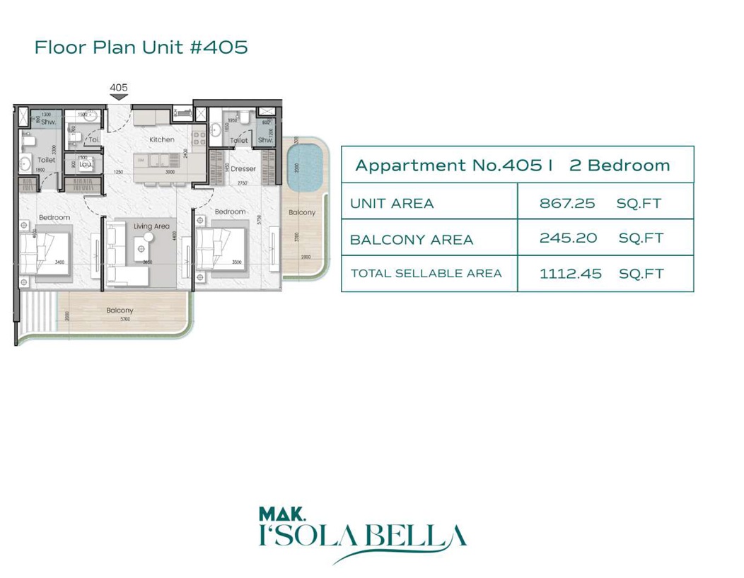 MAK Isola Bella 2 Beds Layout