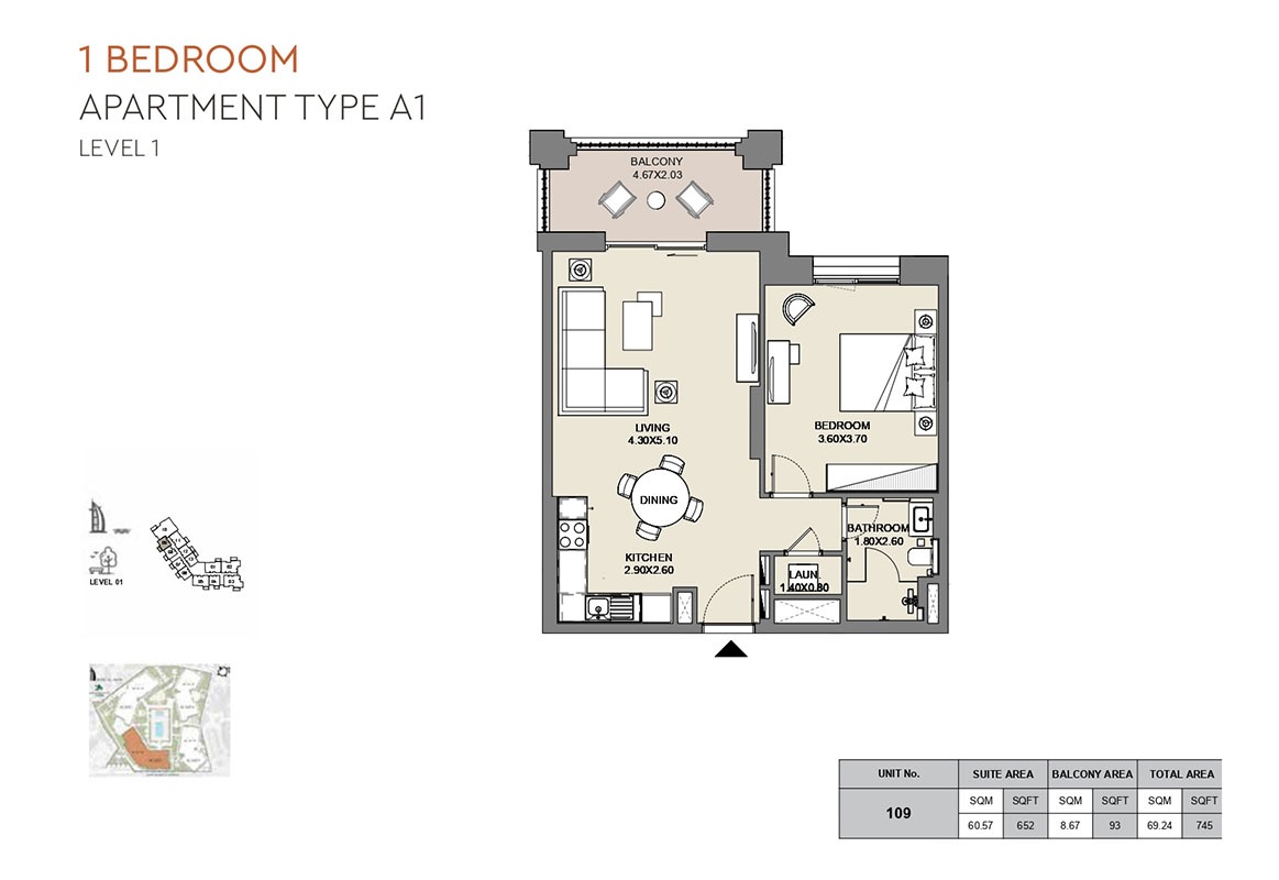 Meraas Al Jazi Apartments 1 Bed Layout