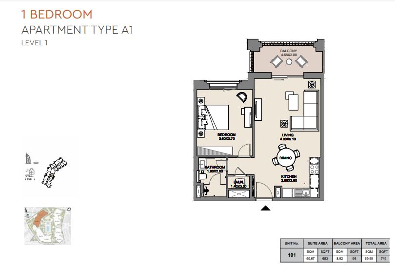 Meraas Al Jazi Apartments 1 Bed Layout