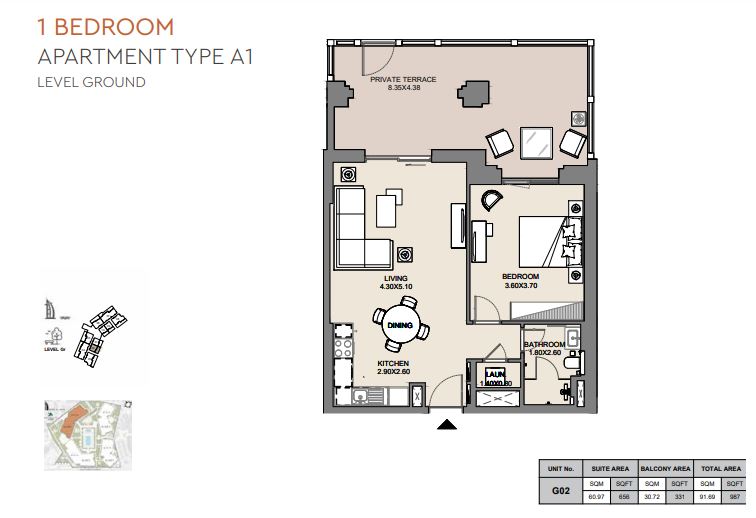Meraas Al Jazi Apartments 1 Bed Layout