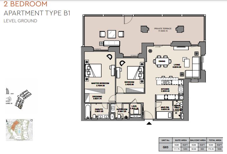 Meraas Al Jazi Apartments 2 Beds Layout