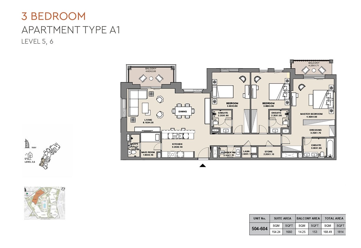 Meraas Al Jazi Apartments 3 Beds Layout
