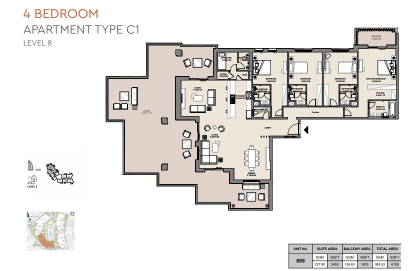 Meraas Al Jazi Apartments 4 Beds Layout