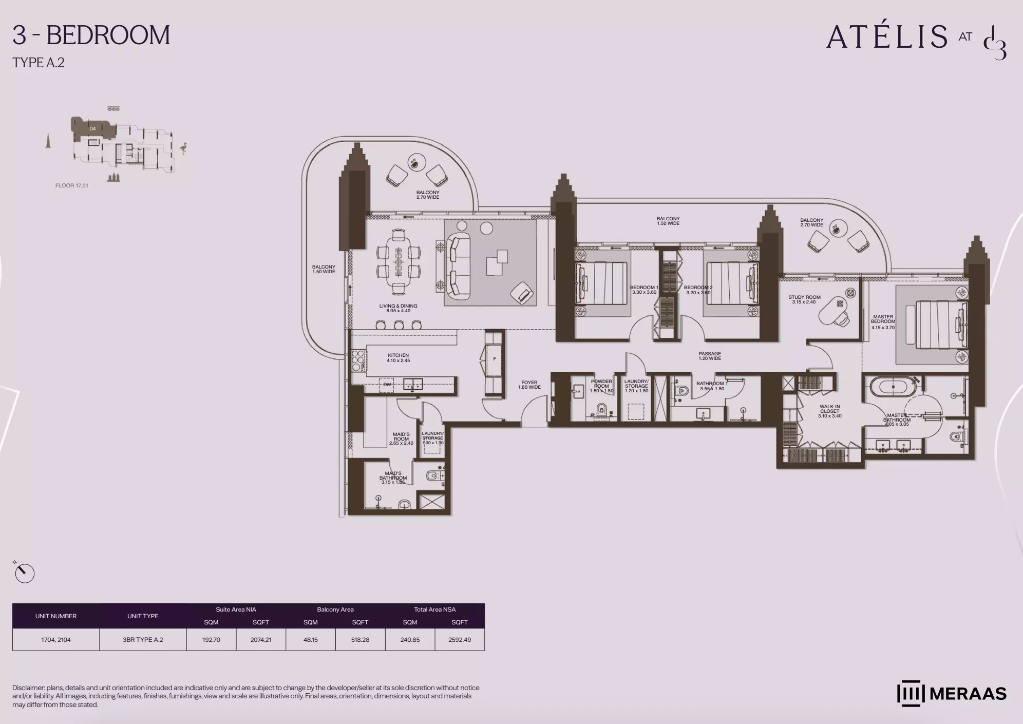 3 Beds 2592 Sq. Ft. Apartment in Meraas Atelis