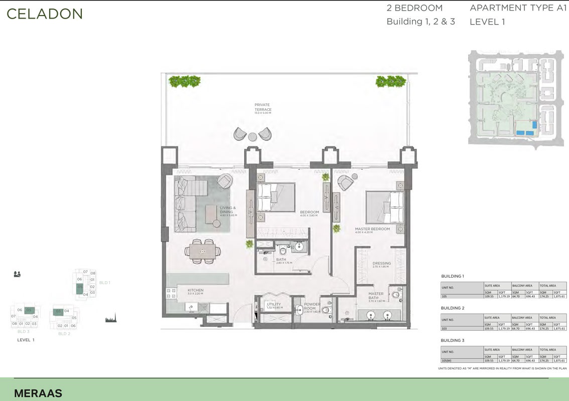 Meraas Celadon Central Park 2 Beds Layout
