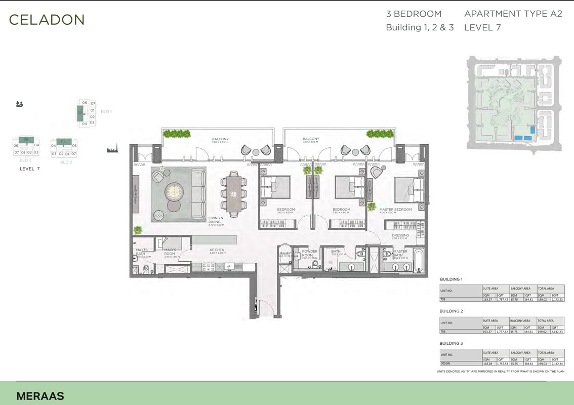 Meraas Celadon Central Park 3 Beds Layout