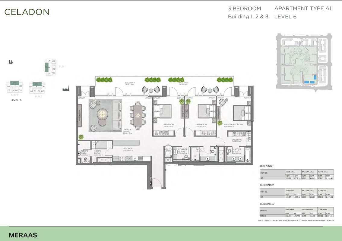 Meraas Celadon Central Park 3 Beds Layout