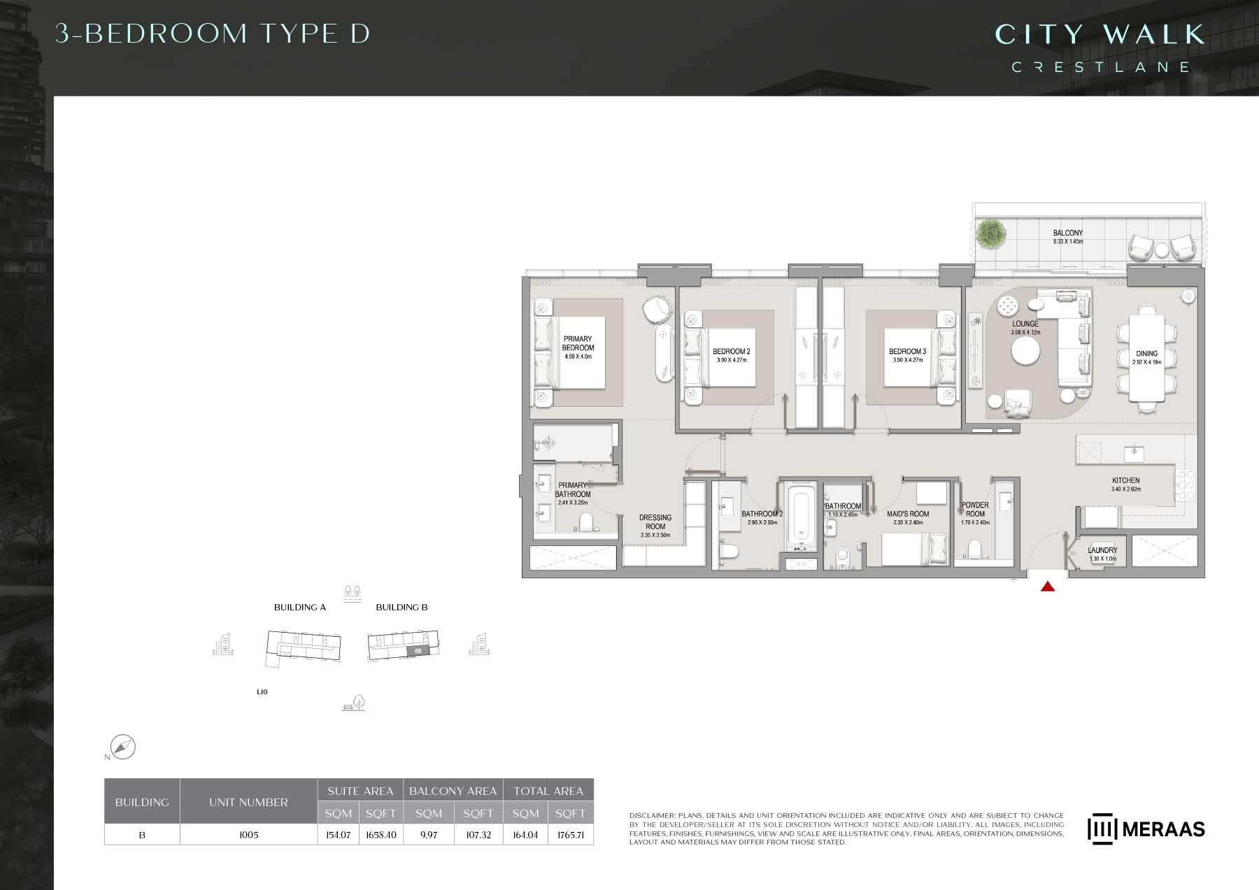 Meraas City Walk Crestlane 3 Beds Layout