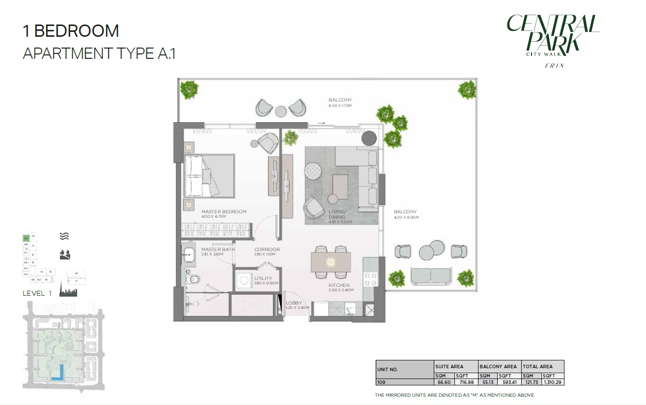 Meraas Erin Central Park 1 Bed Layout