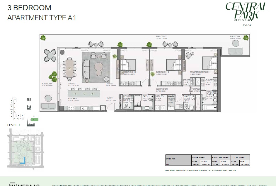 Meraas Erin Central Park 3 Beds Layout