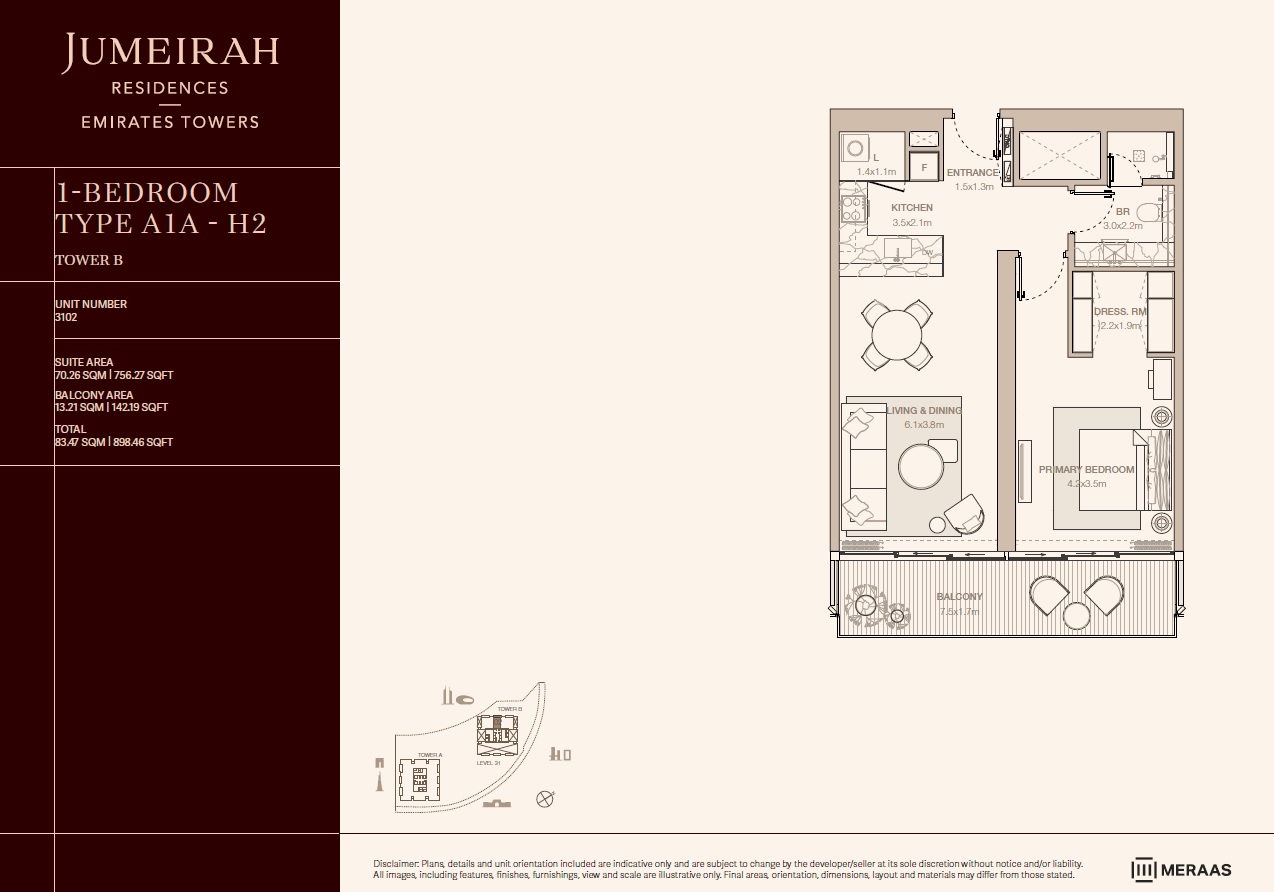 1 Bed 898 Sq. Ft. Apartment in Meraas Jumeirah Residences Emirates Towers