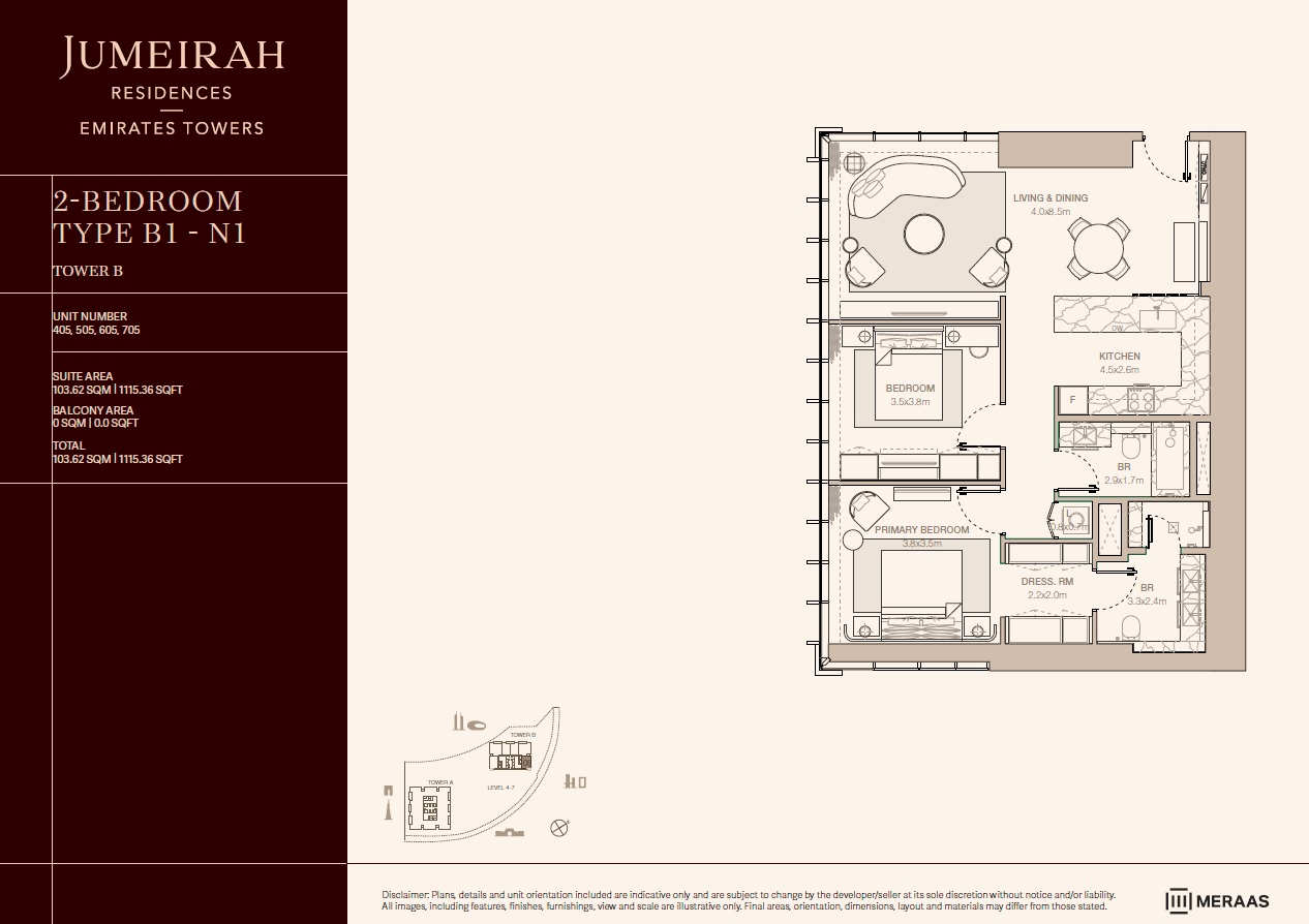 2 Beds 1115 Sq. Ft. Apartment in Meraas Jumeirah Residences Emirates Towers
