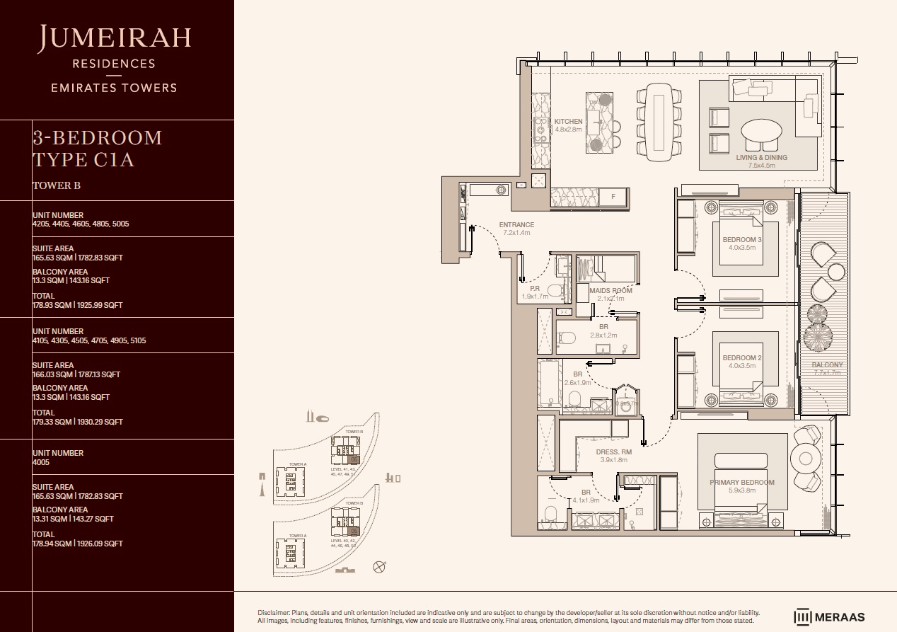 3 Beds 1926 Sq. Ft. Apartment in Meraas Jumeirah Residences Emirates Towers
