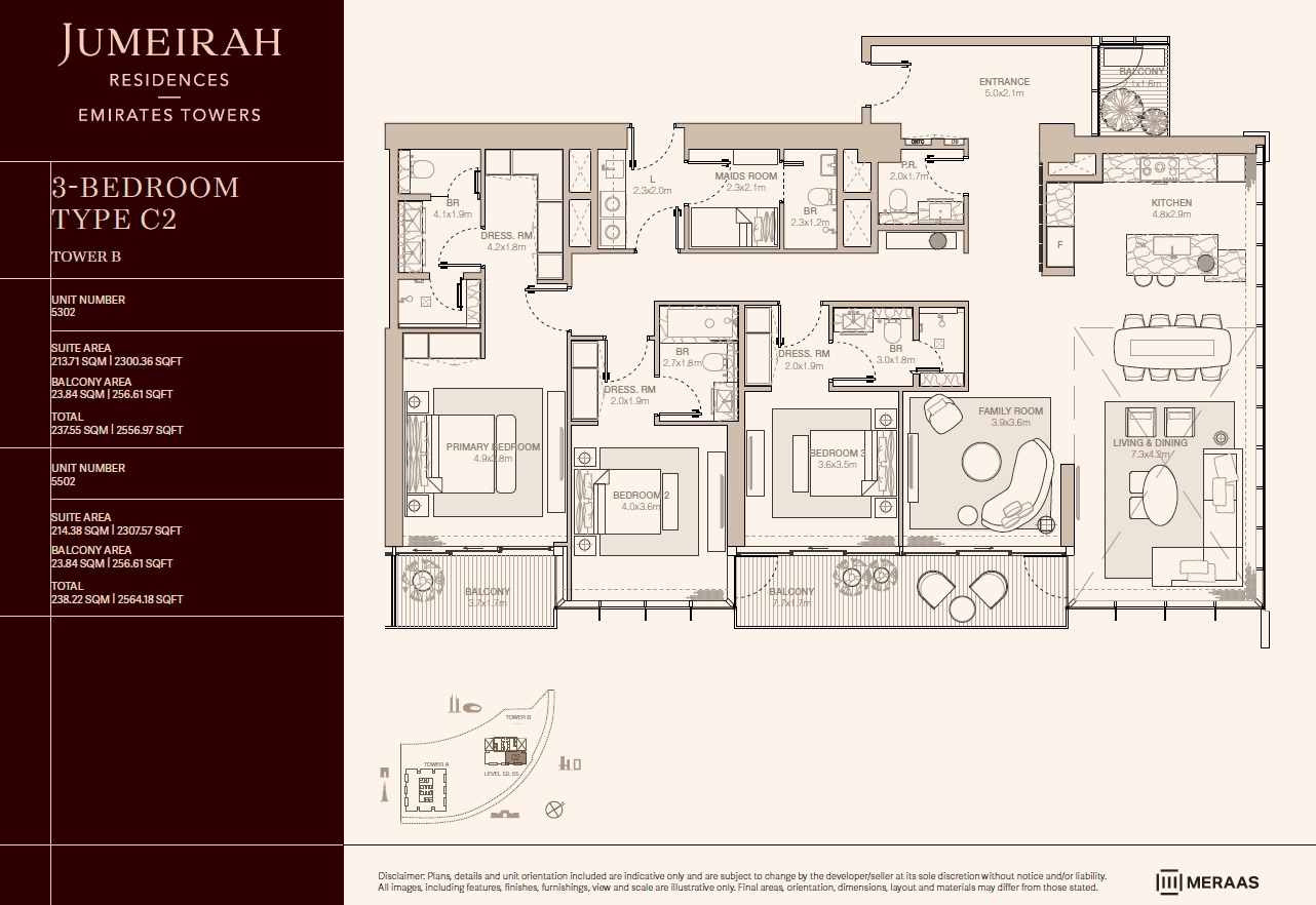 3 Beds 2565 Sq. Ft. Apartment in Meraas Jumeirah Residences Emirates Towers