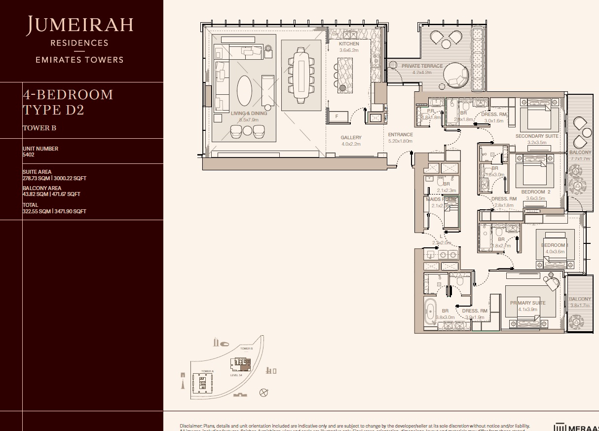 4 Beds 3472 Sq. Ft. Apartment in Meraas Jumeirah Residences Emirates Towers