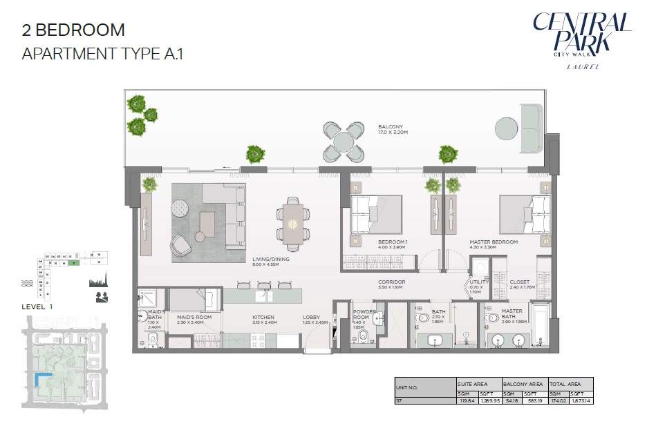 2 Beds 1873 Sq. Ft. Apartment in Meraas Laurel Central Park Apartments