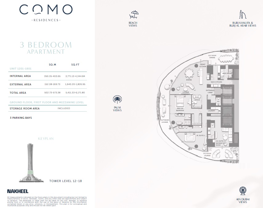 Nakheel Como Residences 3 Beds Layout