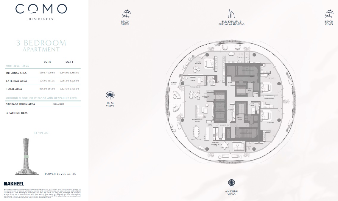 Nakheel Como Residences 3 Beds Layout