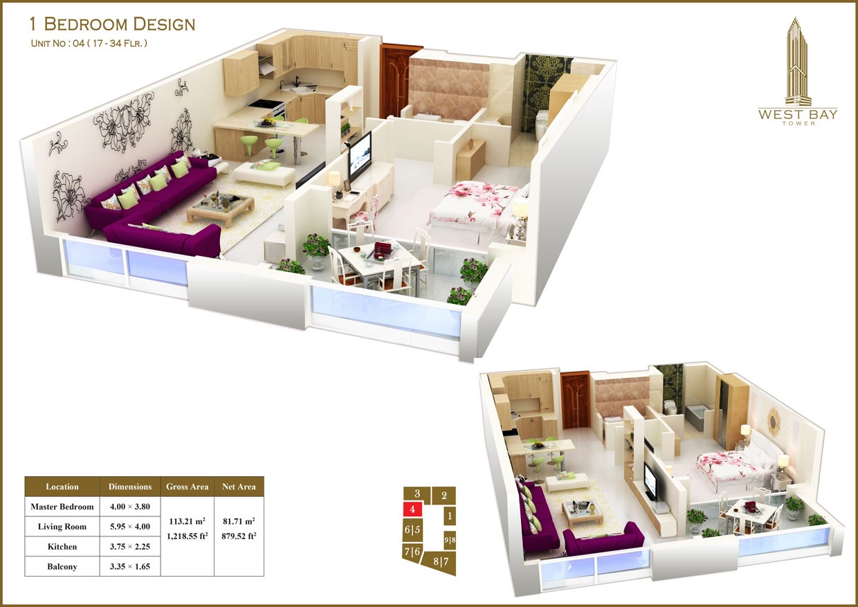Orion West Bay Tower 1 Bed Layout