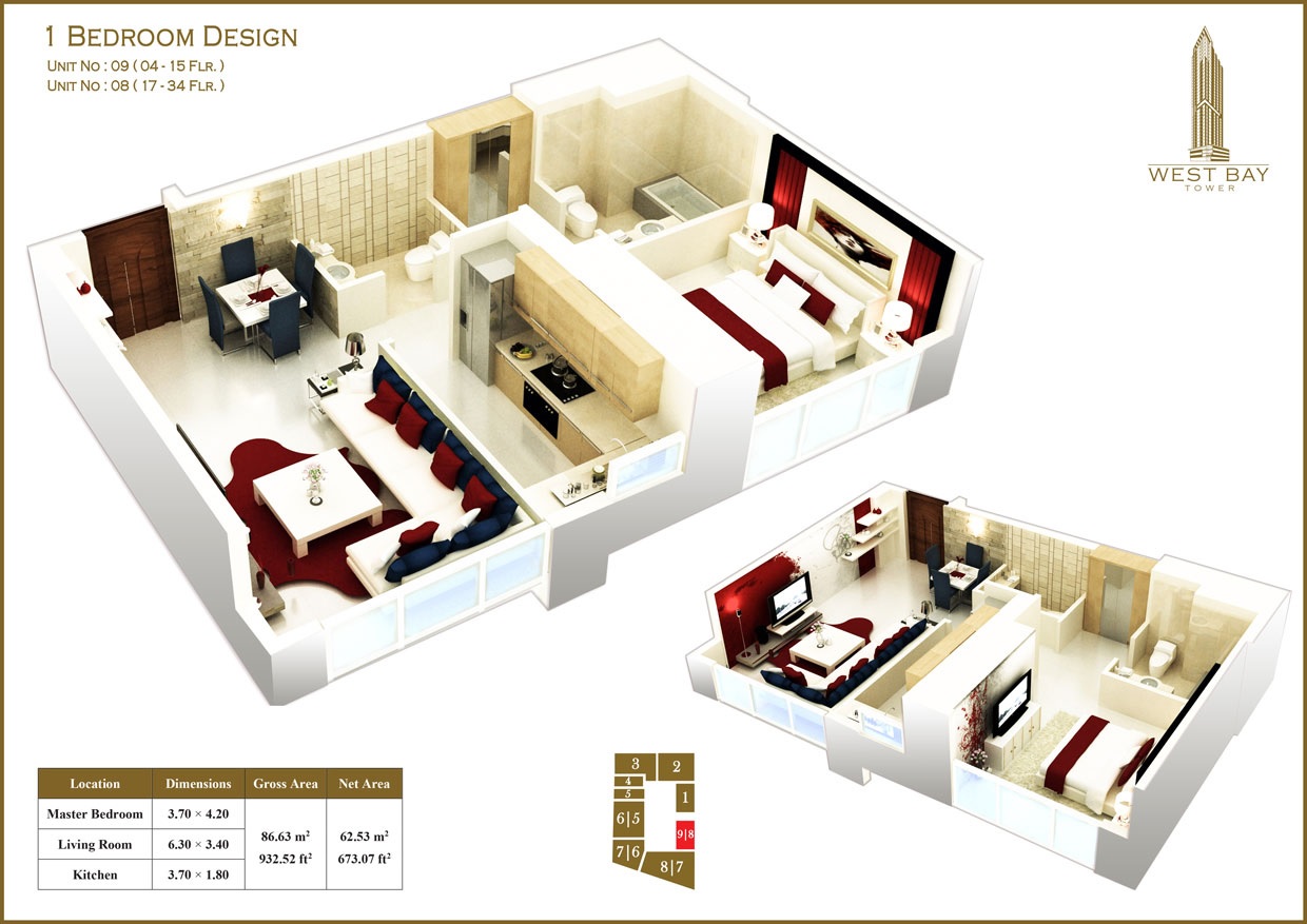 Orion West Bay Tower 1 Bed Layout