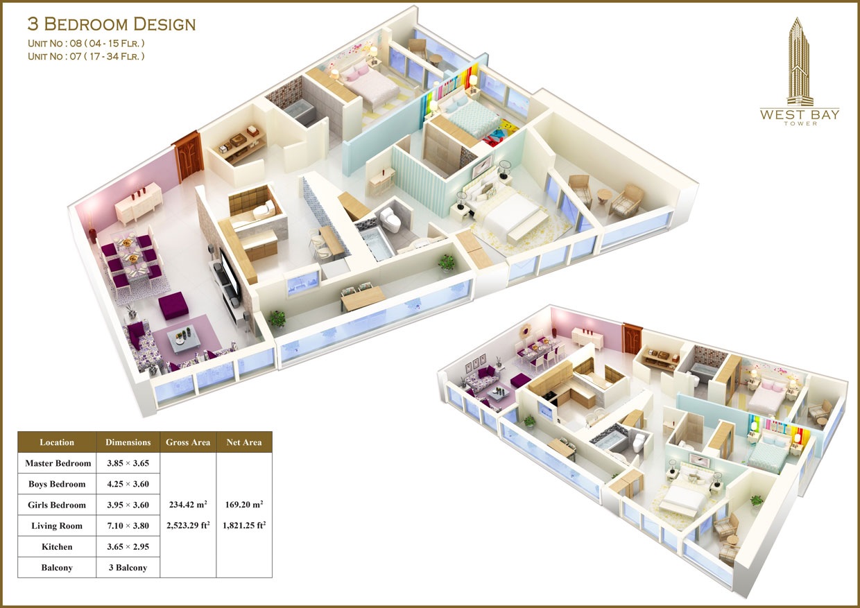 Orion West Bay Tower 3 Beds Layout