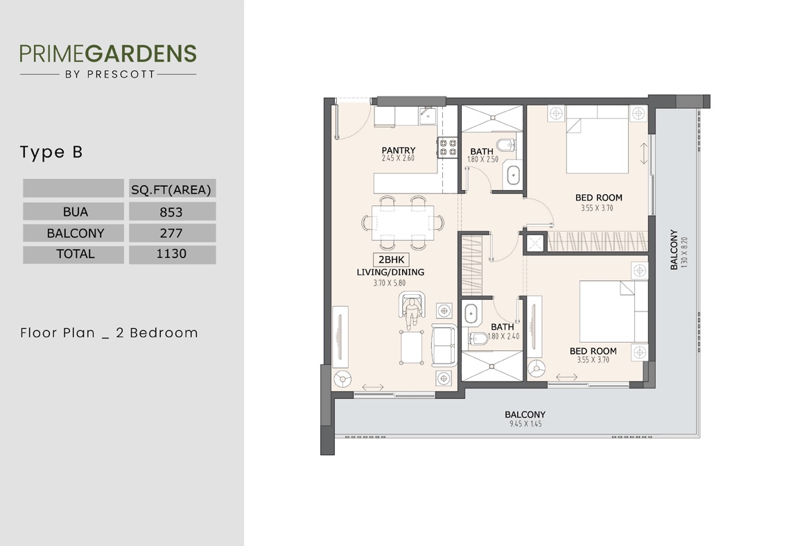 Prescott Prime Gardens 2 Beds Layout
