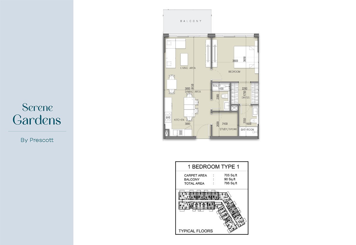 Prescott Serene Gardens 1 Bed Layout
