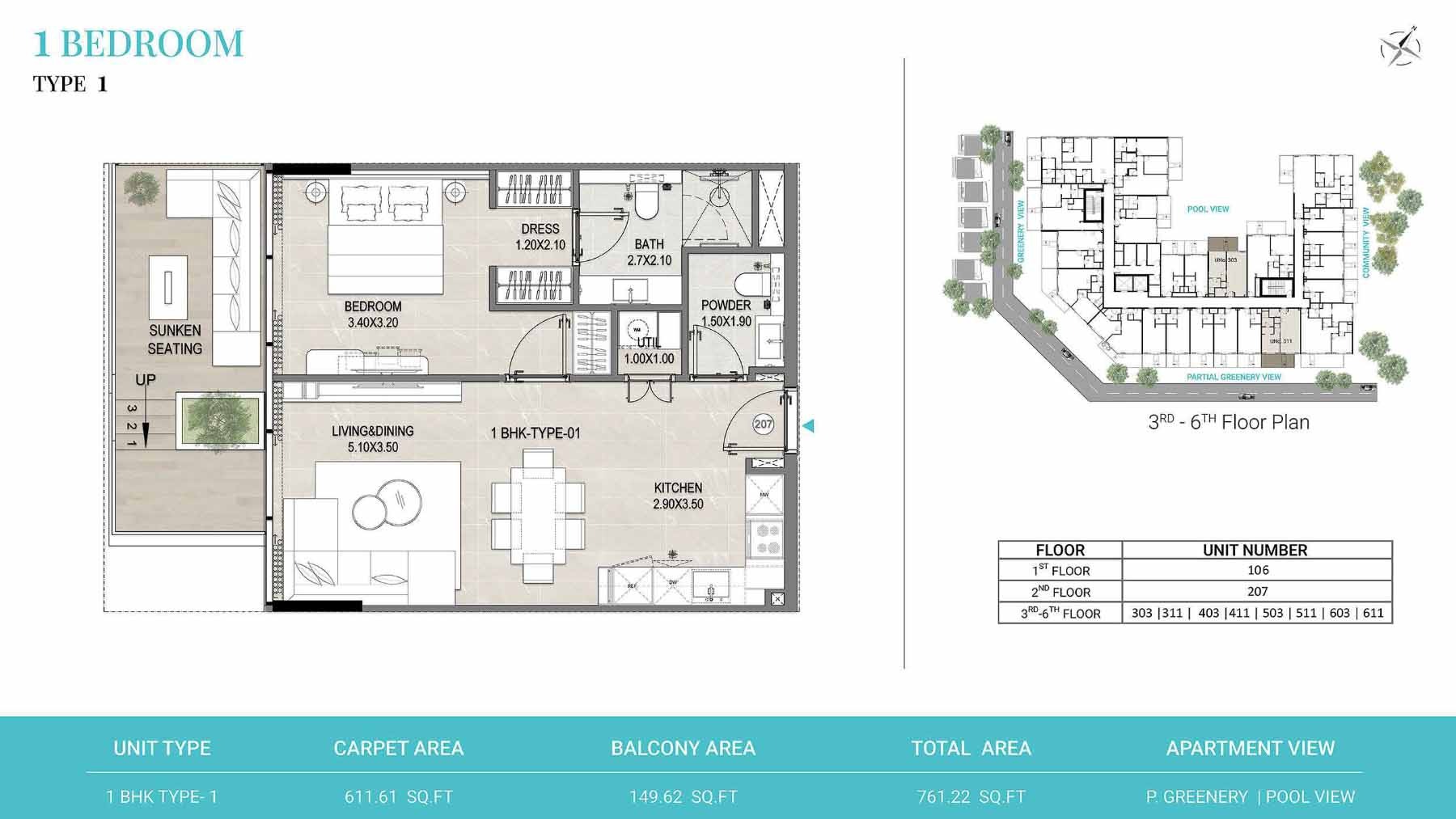 1 Bed 761 Sq. Ft. Apartment in Reef 1000