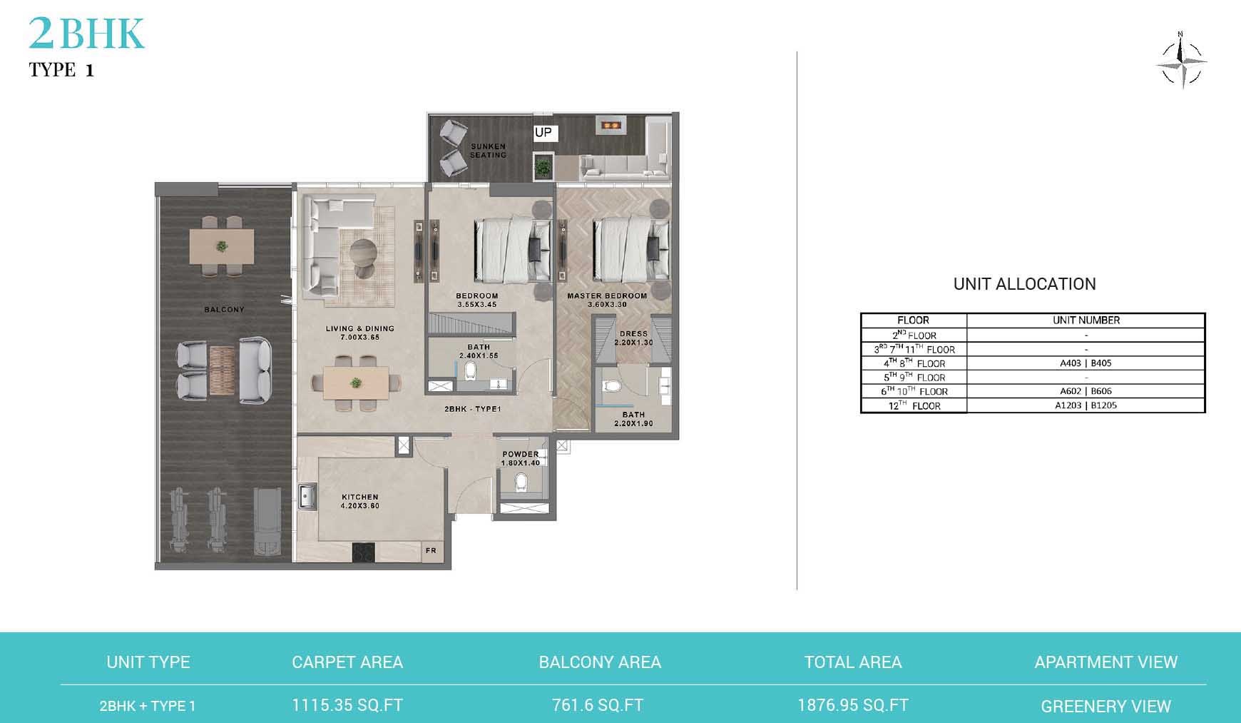 Reef 999 Residences 2 Beds Layout