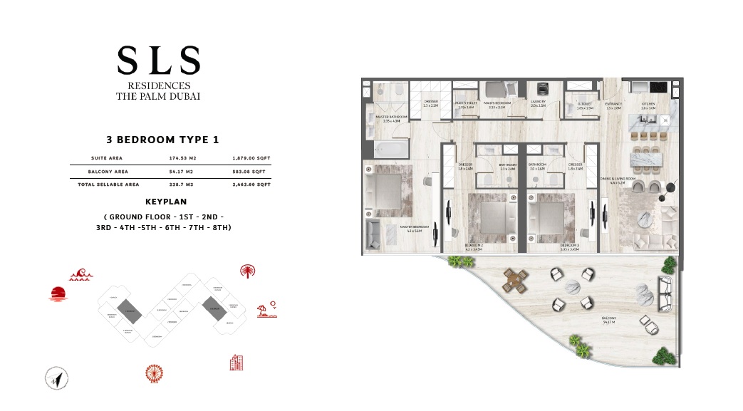 Roya SLS Residences The Palm 3 Beds Layout
