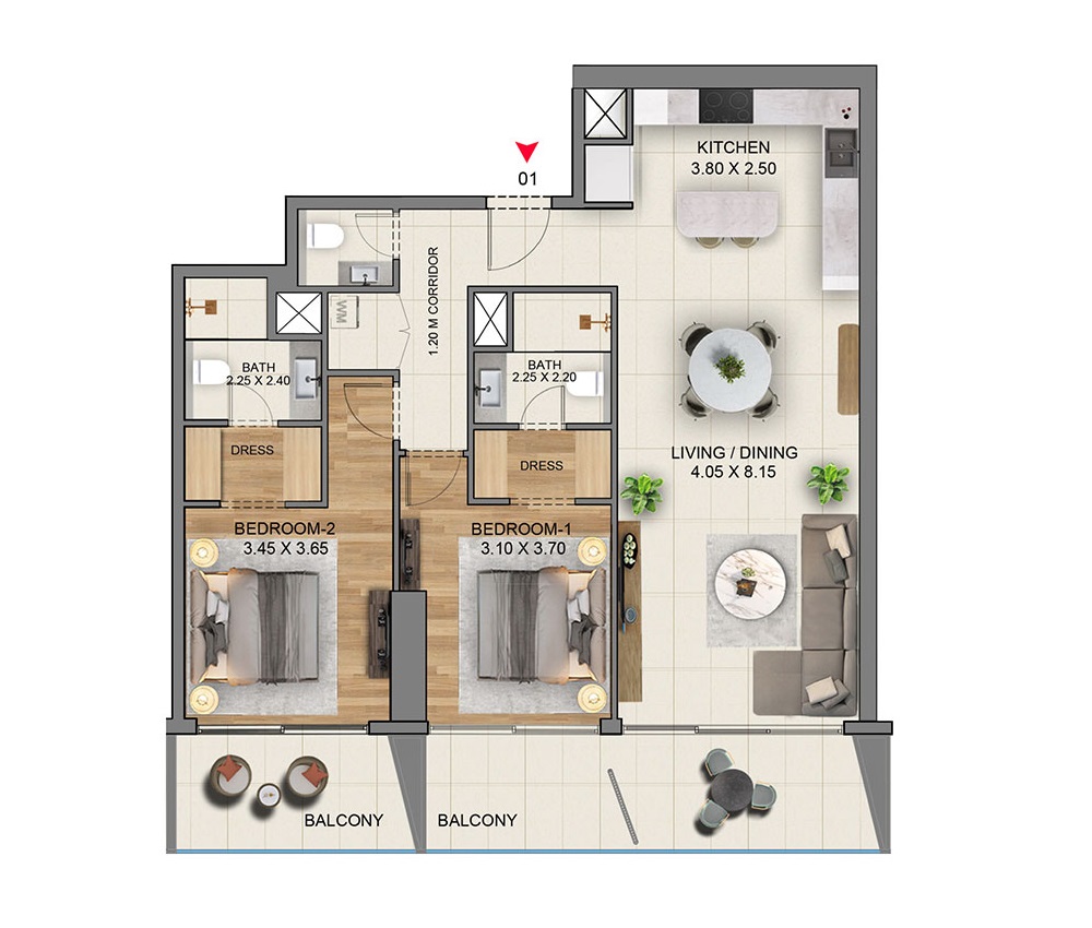 Saba Marriott Residences 2 Beds Layout