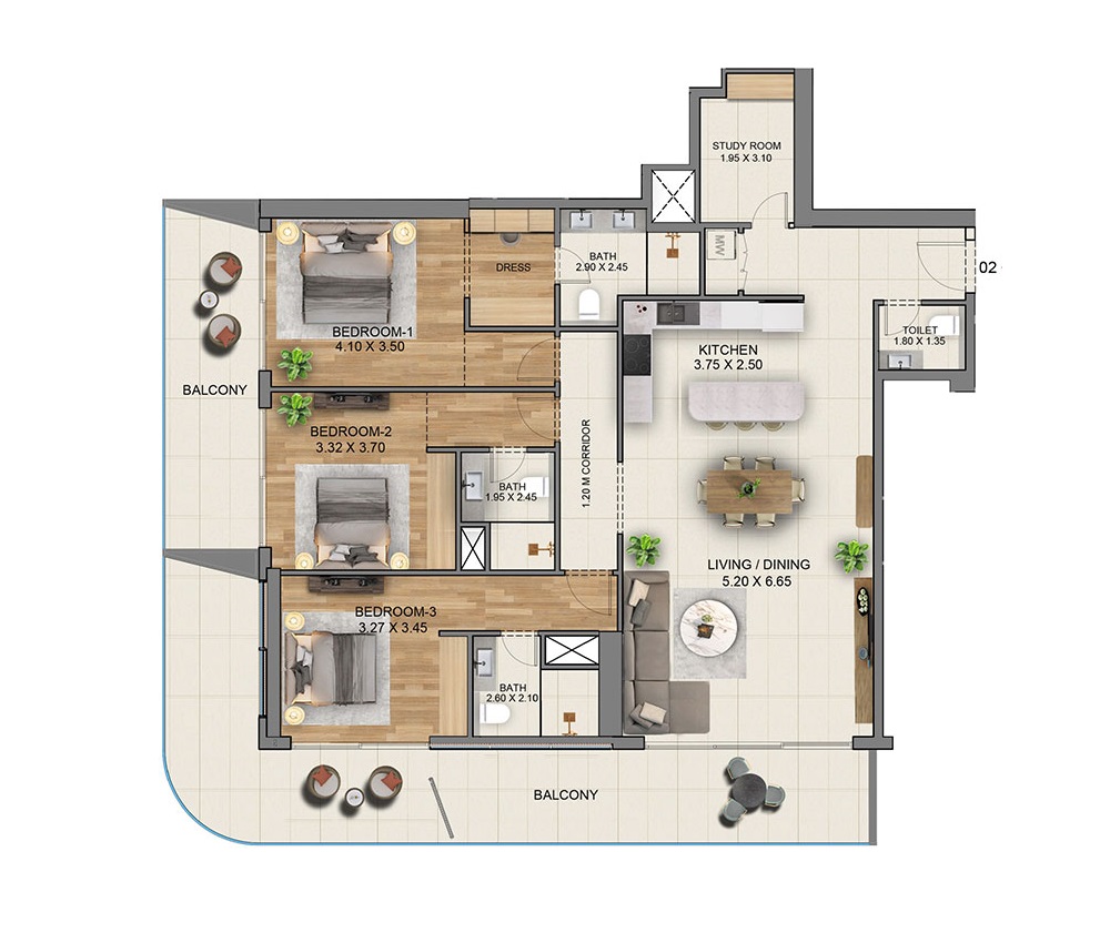 Saba Marriott Residences 3 Beds Layout