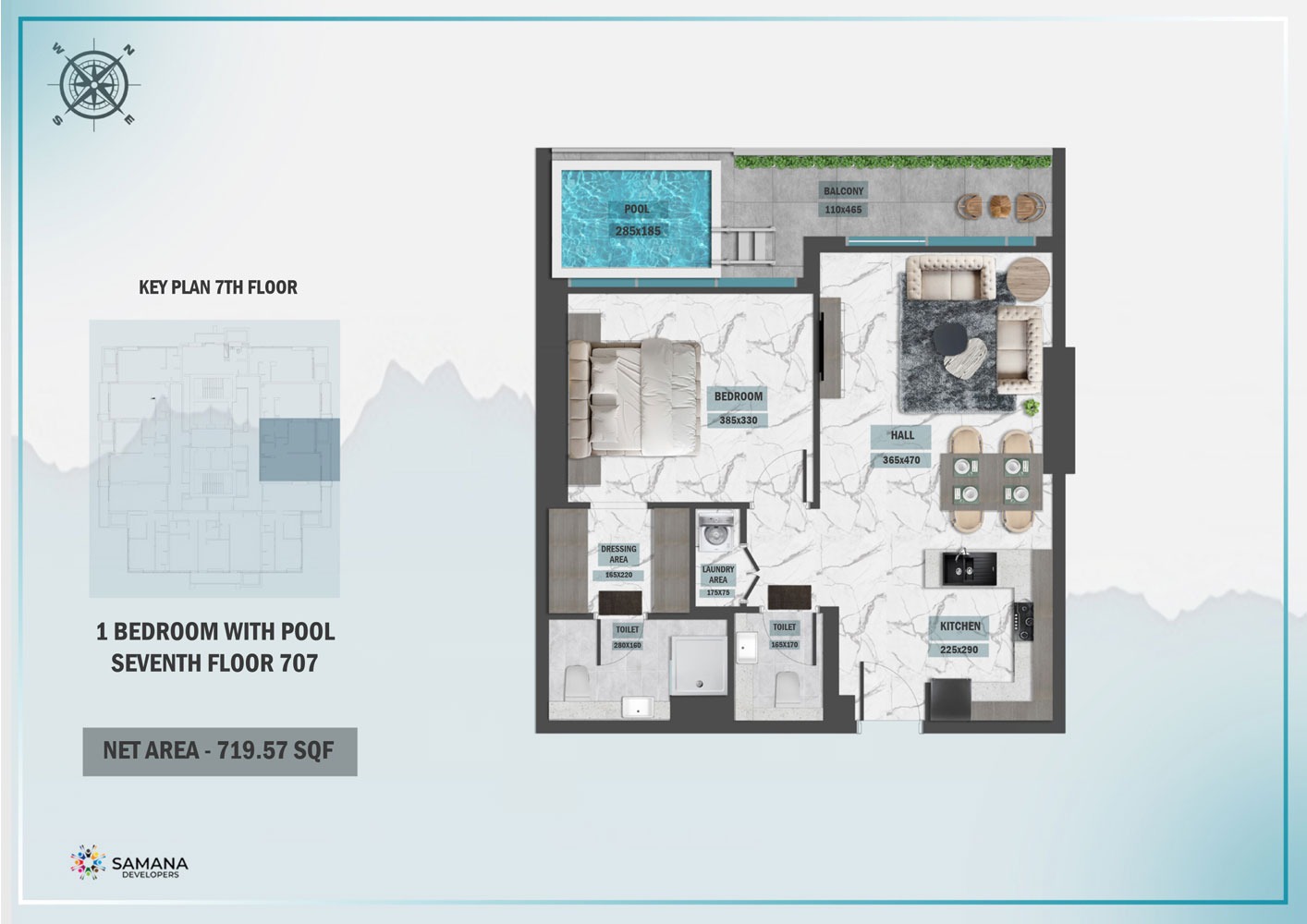 Samana Waves Residences Phase 2 1 Bed Layout