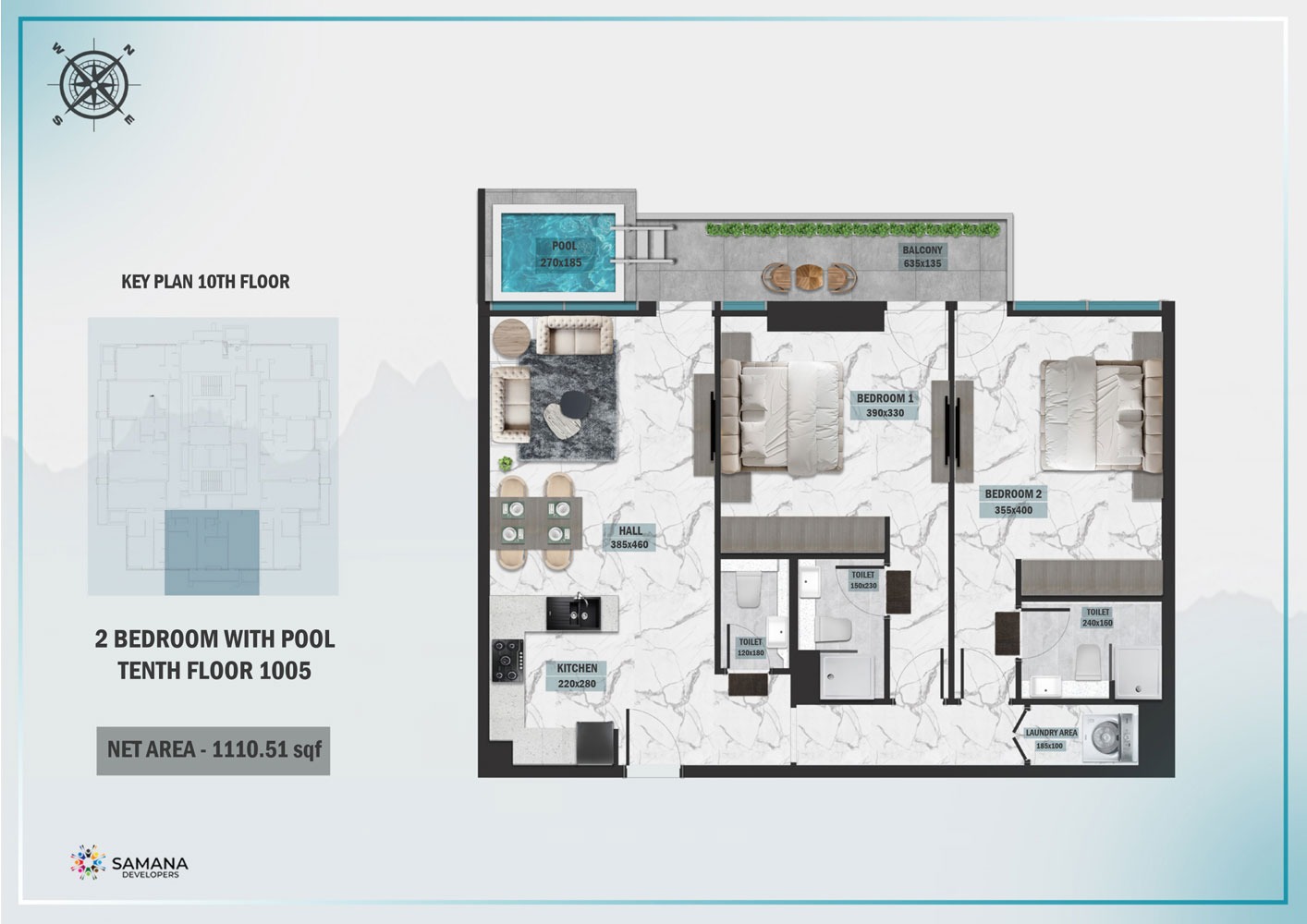 Samana Waves Residences Phase 2 2 Beds Layout