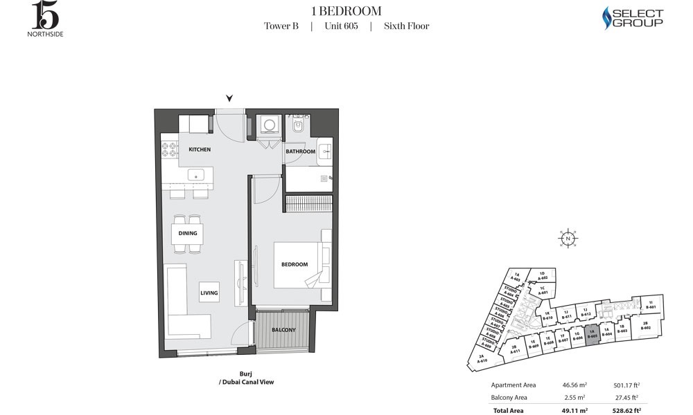 Select 15 Northside Apartments 1 Bed Layout