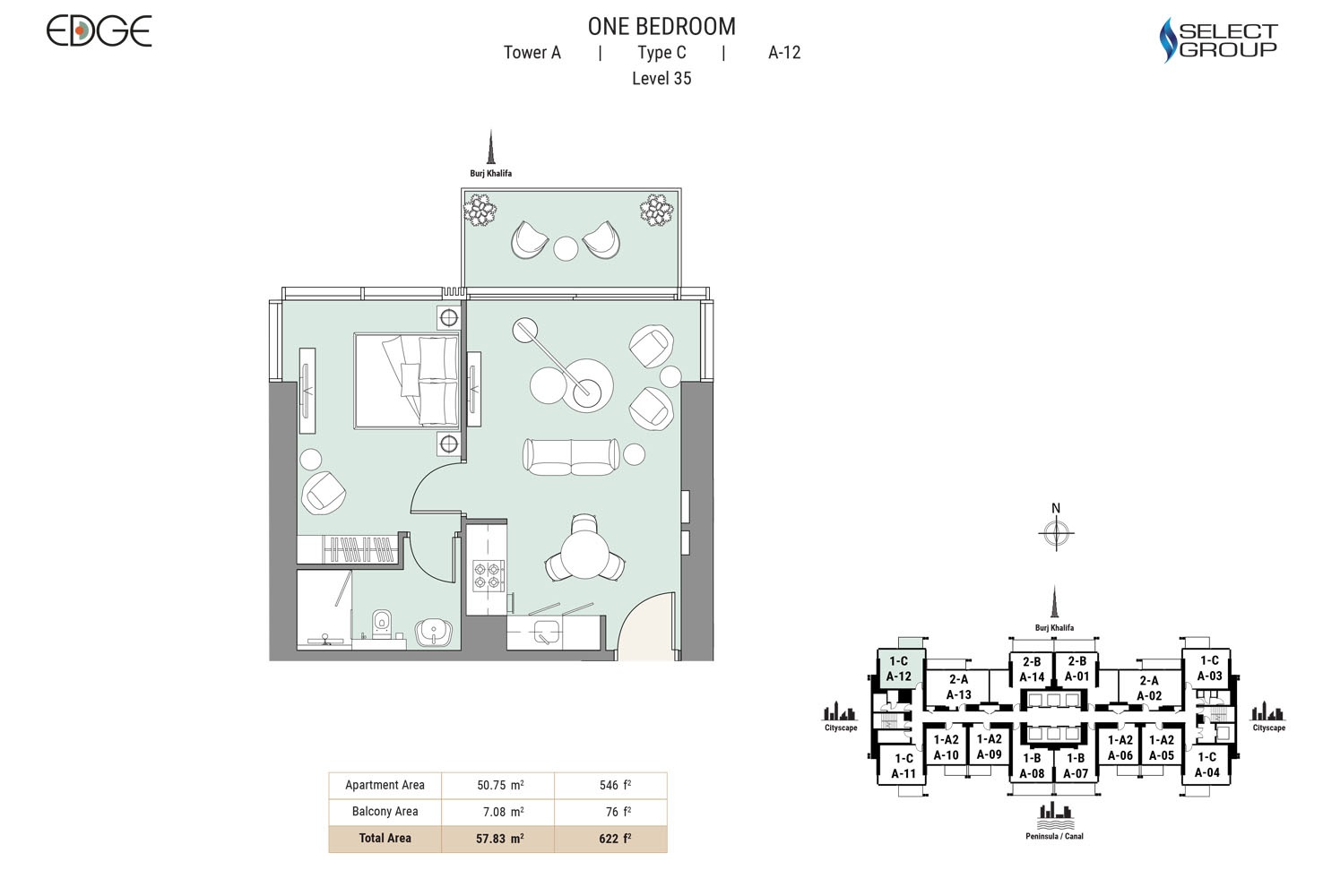 Select The Edge 1 Bed Layout