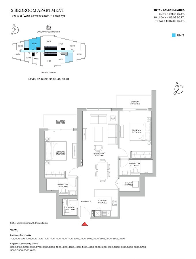 2 Beds 1087 Sq. Ft. Apartment in Sobha 320 Riverside Crescent