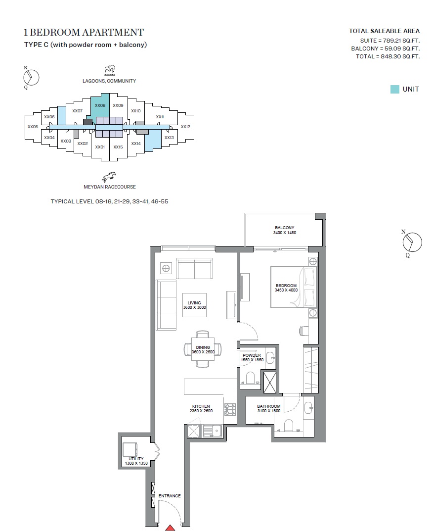 Sobha 330 Riverside Crescent 1 Bed Layout