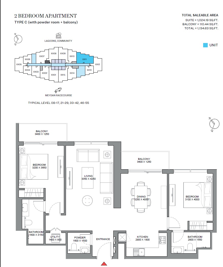 Sobha 330 Riverside Crescent 2 Beds Layout