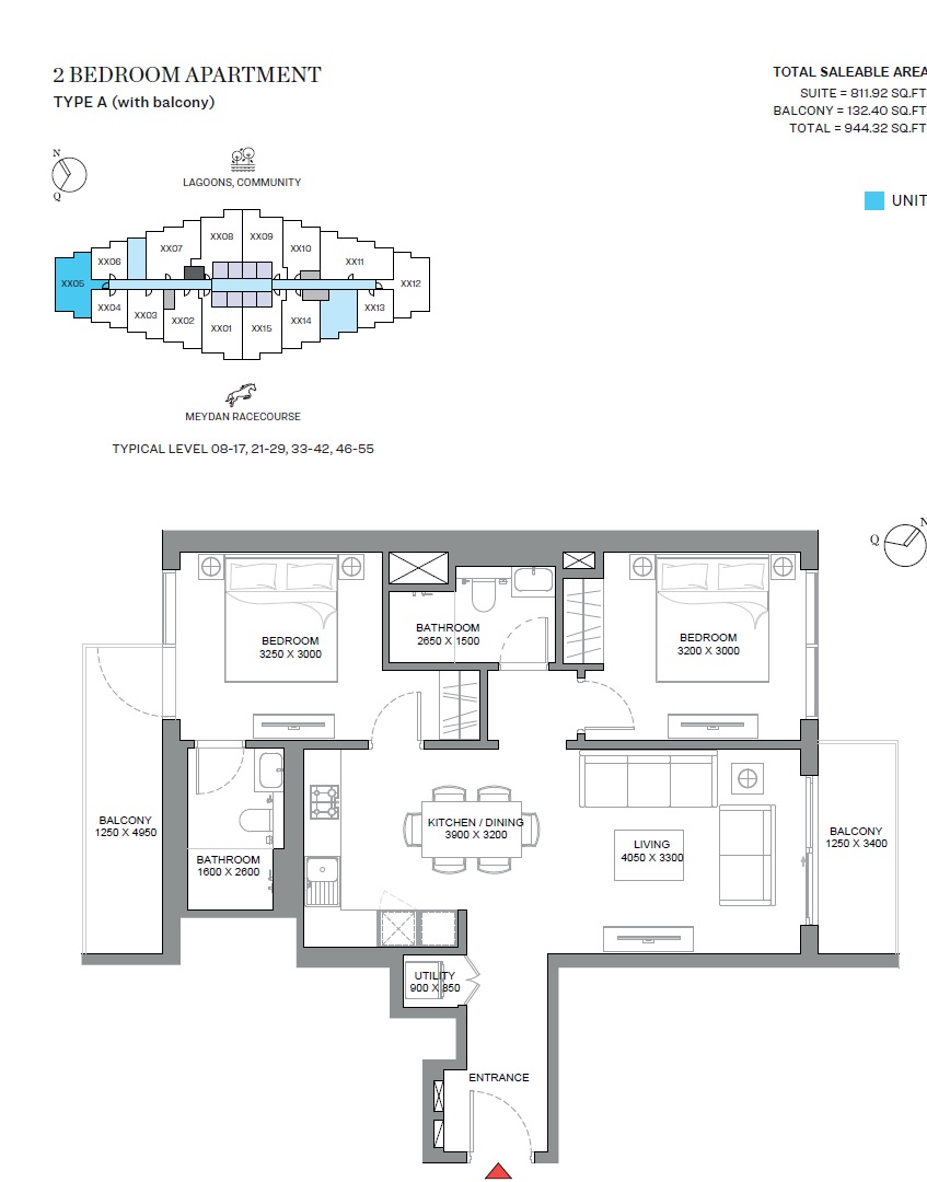 Sobha 330 Riverside Crescent 2 Beds Layout