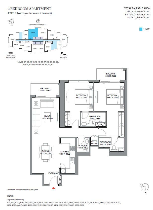 Sobha 350 Riverside Crescent 2 Beds Layout